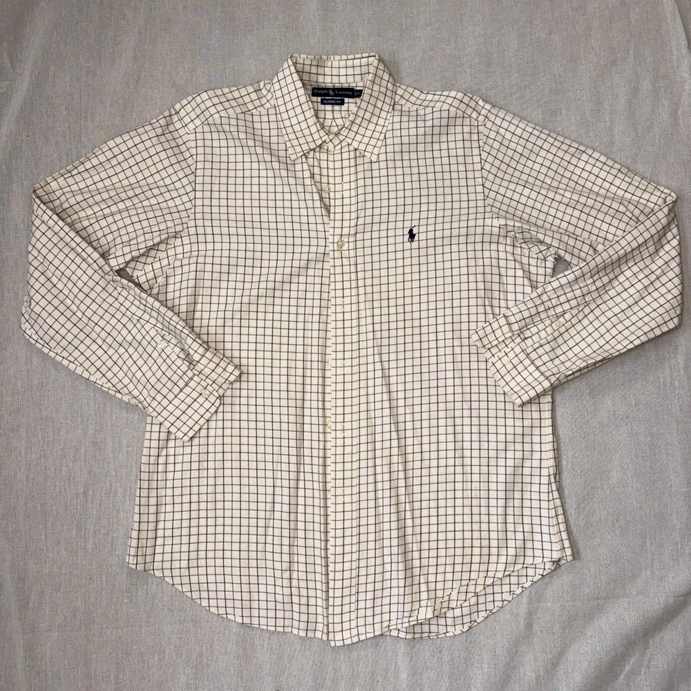 Ralph Lauren‎ Shirt Mens Large Beige Red Green Check Button Down Oxford Pony